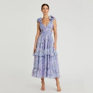 Mac Duggal - Flutter-Sleeve V-Neck Tiered Midi Dress - Lilac - Size 8